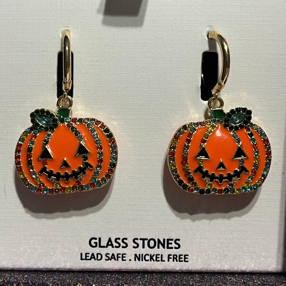 Halloween‎ Pumpkin Earrings Glass Stone Jack-o'-Lantern Dangle Jewelry
